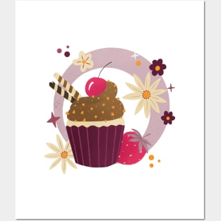 Retro Chocolate Cupcake, Strawberries and flowers Posters and Art